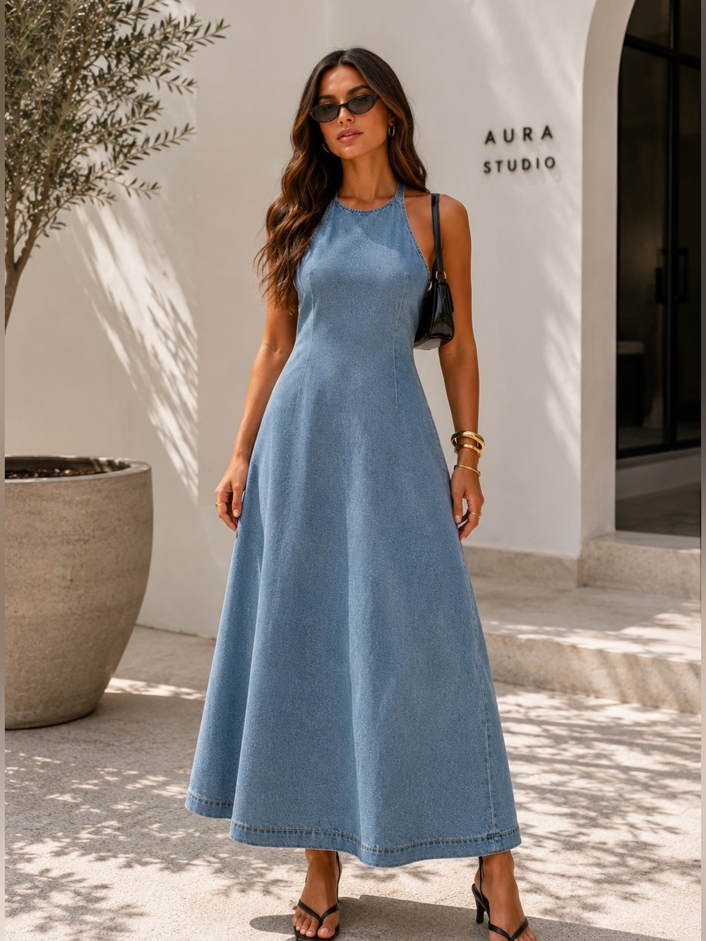 Aa Studio Light Blue Denim Halter Maxi Dress